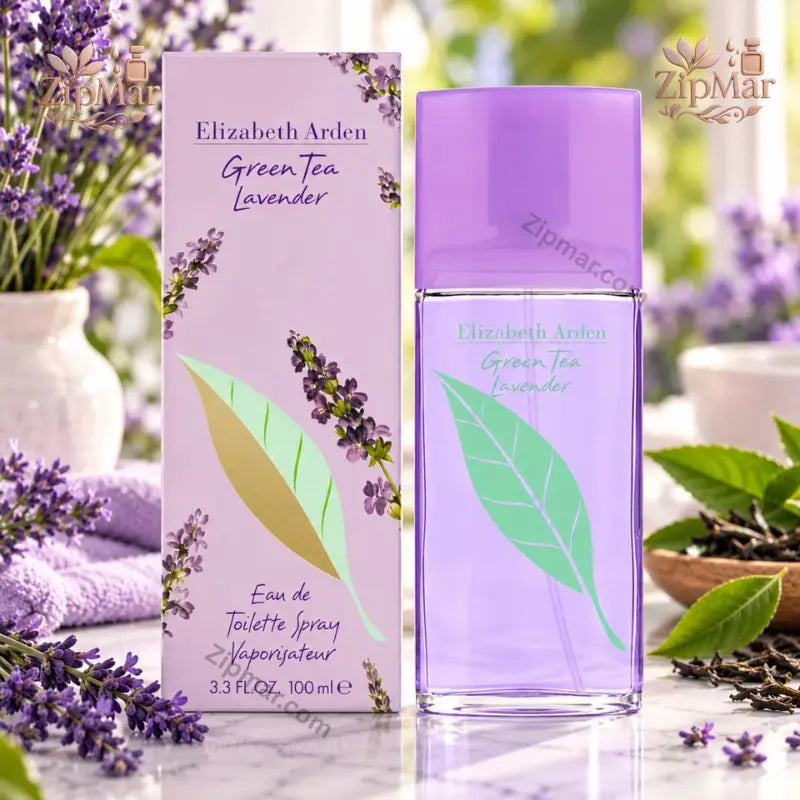 Elizabeth Arden Green Tea Lavender Eau de Toilette Spray 3.3 oz 100 mL purple cap bottle beside pink box