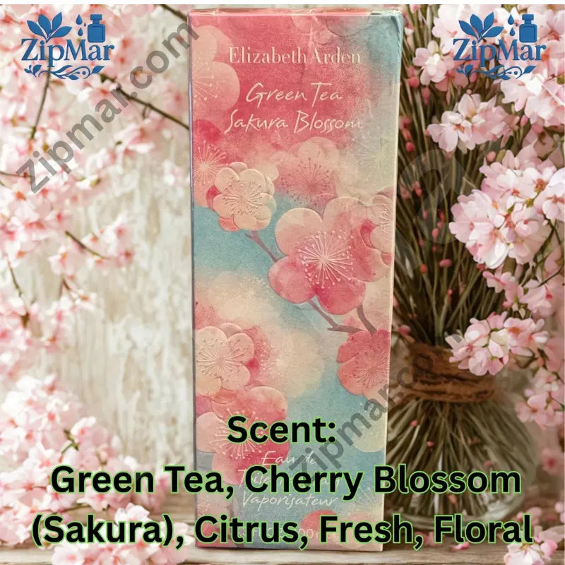 Elizabeth Arden Green Tea Sakura Blossom eau de toilette box front with pink cherry blossom artwork”