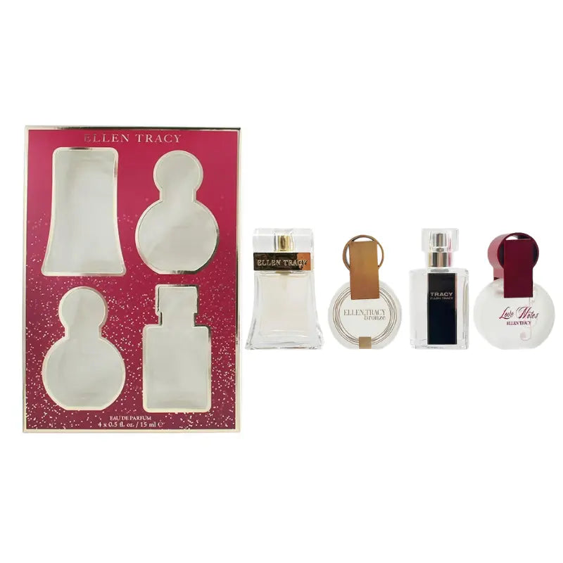 Ellen Tracy 4-piece mini EDP gift set red glitter box with four bottles Ellen Tracy Bronze Tracy Love Notes