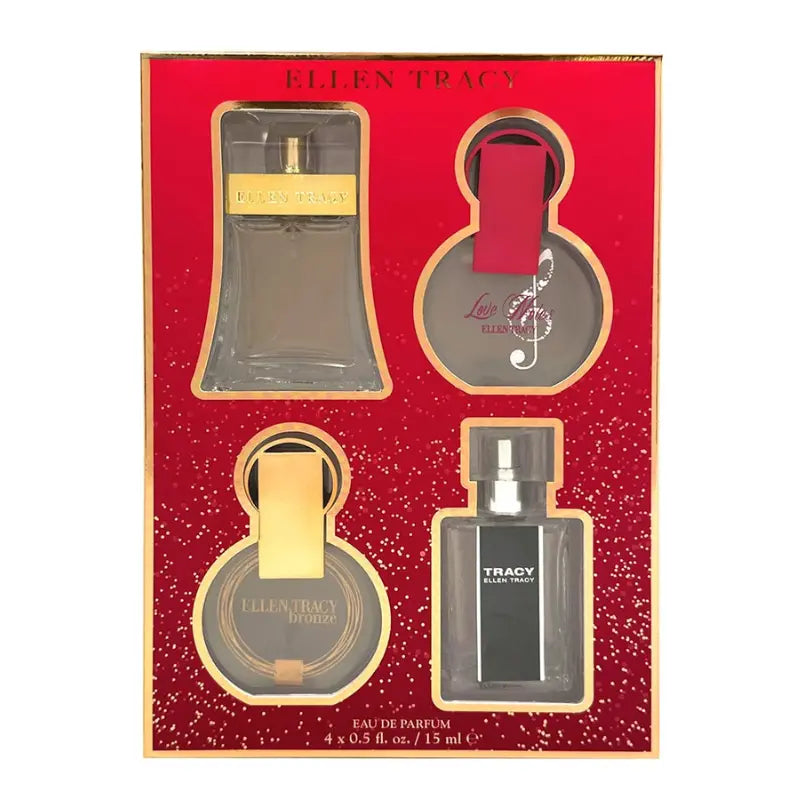 Ellen Tracy 4-piece mini Eau de Parfum gift set red glitter box front showing all four fragrance bottles 4x15ml