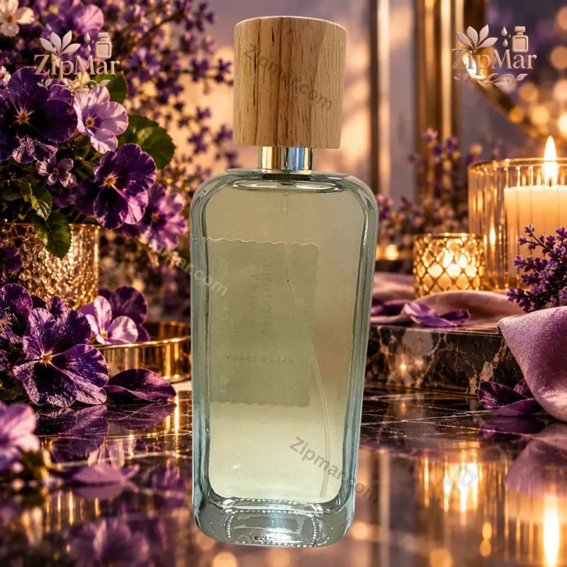Ellen Tracy Midnight Violet Eau de Parfum back view of clear glass bottle with natural wood cap and purple violets