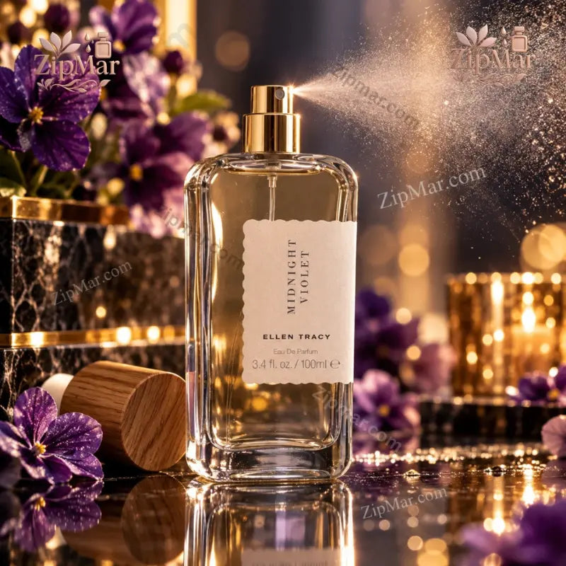 Ellen Tracy Midnight Violet EDP being sprayed with purple violet flowers and golden bokeh background