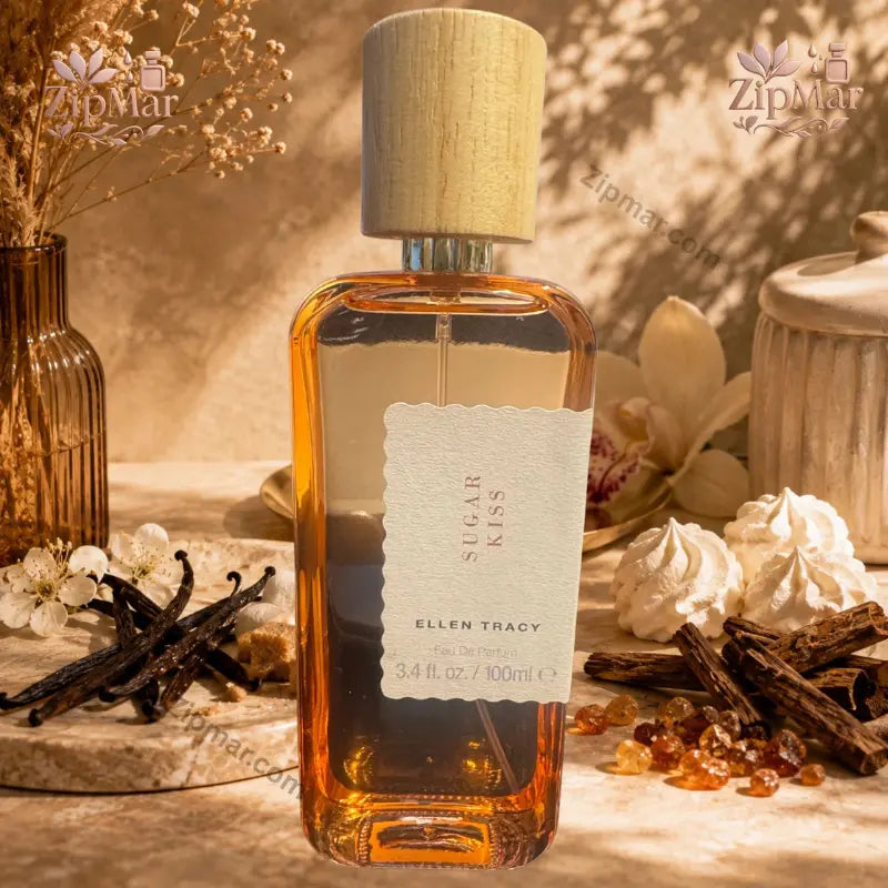 Ellen Tracy Sugar Kiss Eau de Parfum 3.4 fl oz 100 mL bottle beside vanilla beans, meringues and wood