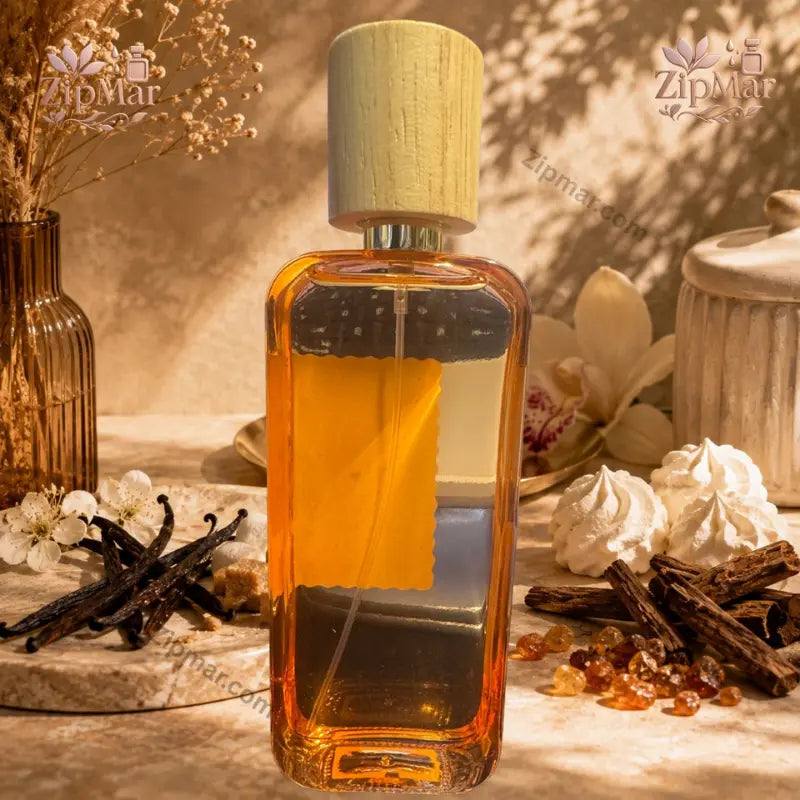 Back profile view of amber glass Ellen Tracy Sugar Kiss EDP perfume bottle