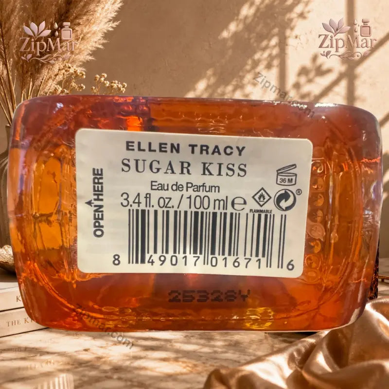 Bottom label of Ellen Tracy Sugar Kiss EDP showing UPC 849017016716 and batch code