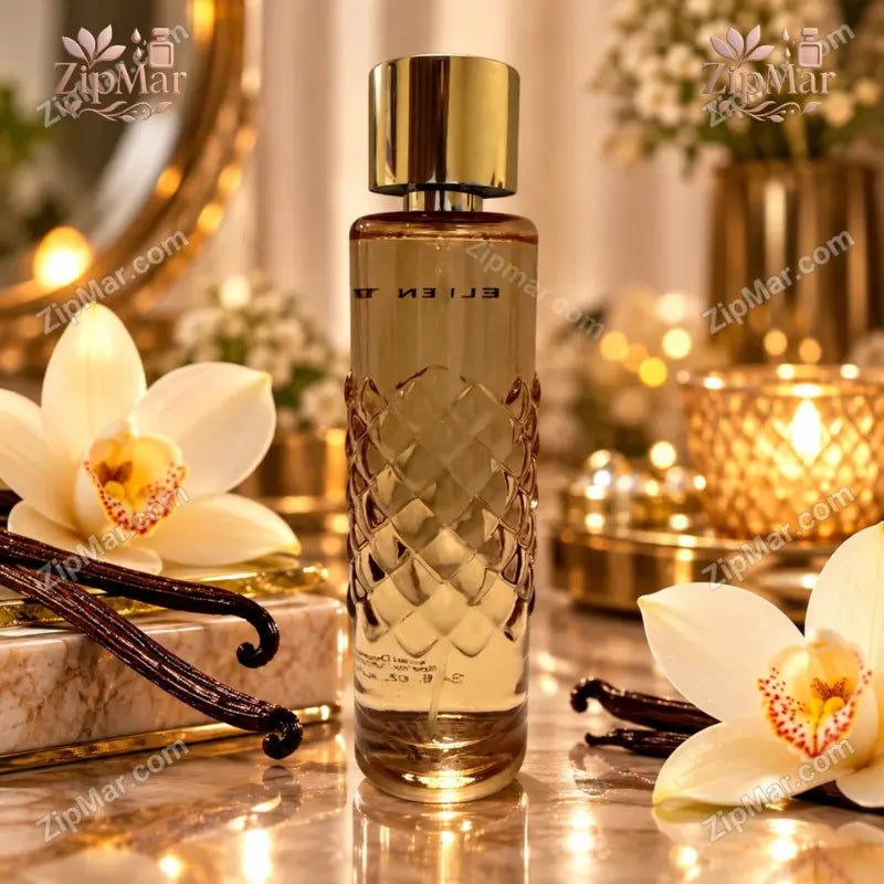 Ellen Tracy Vanilla Eau de Parfum round amber glass bottle with quilted pattern and gold cap beside orchids