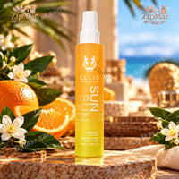 Thumbnail for Front view of Ellis Brooklyn SUN Fragrance Body Mist 100 mL yellow gradient spray bottle displayed with citrus flowers