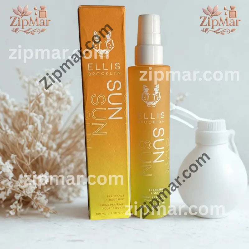 Ellis Brooklyn SUN fragrance body mist 100 mL orange to yellow bottle with white spray cap beside its box