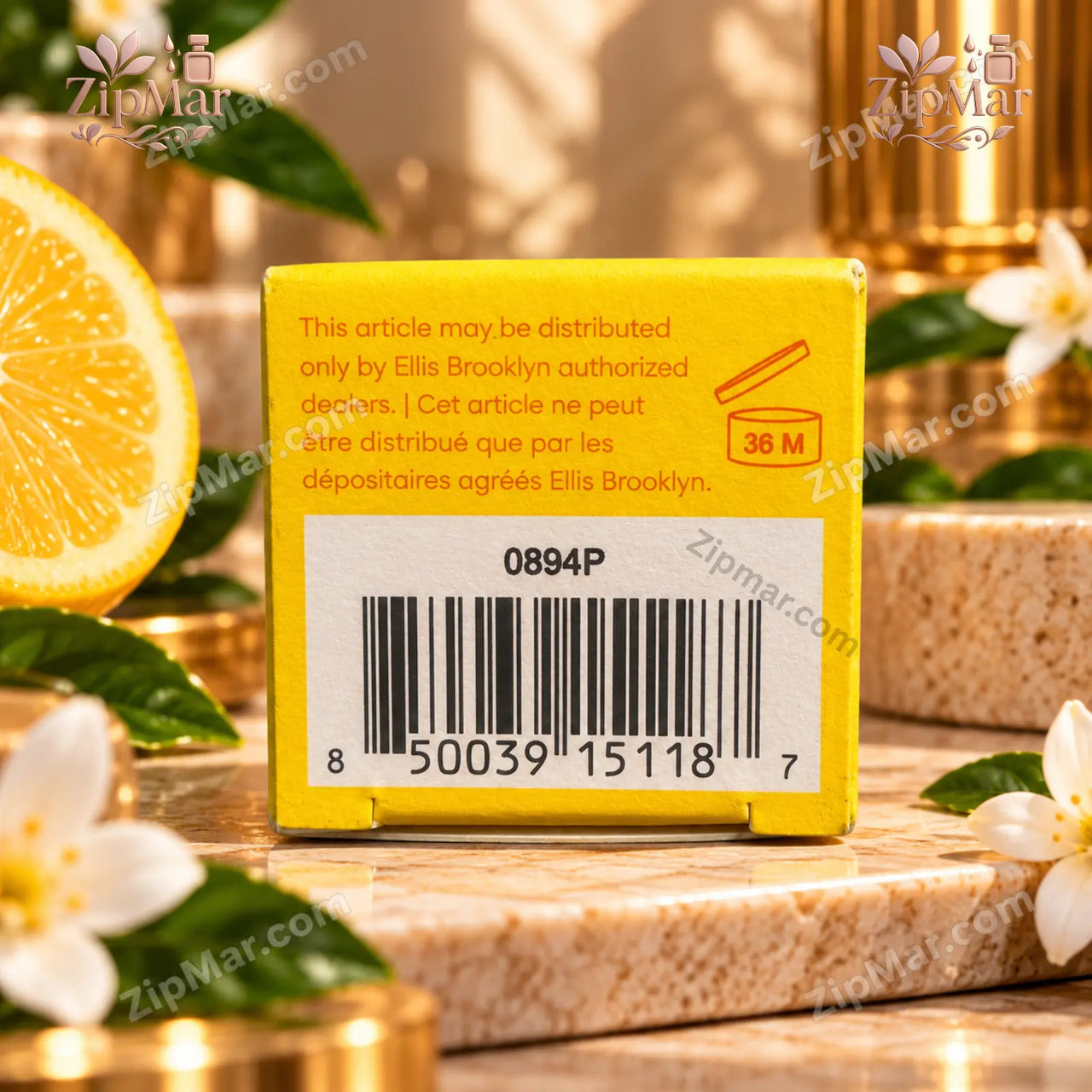 Bottom panel of Ellis Brooklyn SUN Fragrance Body Mist box showing UPC barcode 850039151187 and product code 0894P