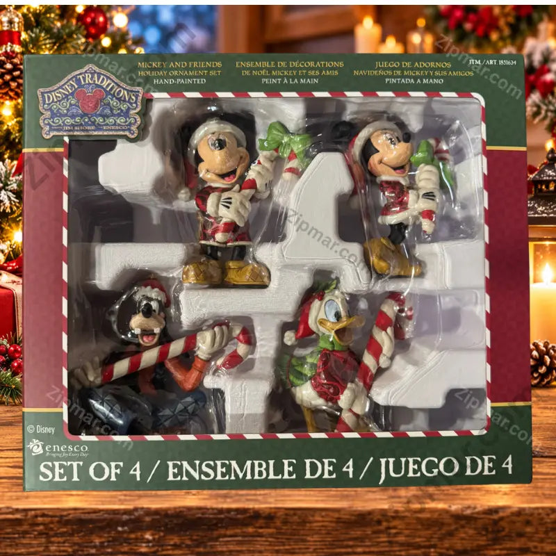 Enesco Disney Traditions Jim Shore Mickey and Friends Holiday Ornament Set of 4 — collector gift box front with all four ornaments and SET OF 4 label