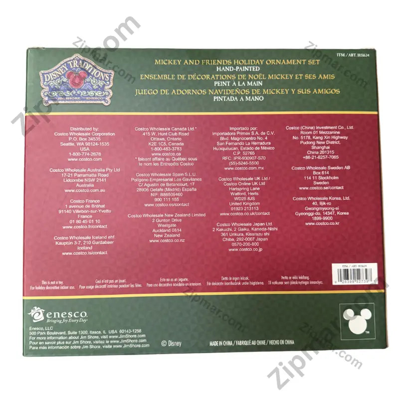 Enesco Disney Traditions Jim Shore Mickey and Friends Holiday Ornament Set — box back with full product details, copyright and Costco distribution information