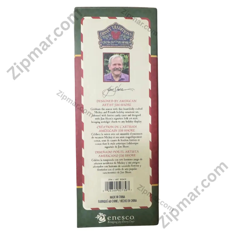 Enesco Disney Traditions Jim Shore Mickey and Friends Holiday Ornament Set — box side panel with Jim Shore photo, signature, and product description