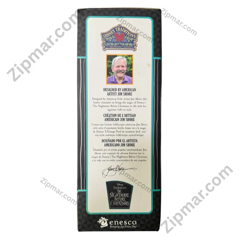 Enesco Disney Traditions Jim Shore Nightmare Before Christmas ornament set — box side panel featuring Jim Shore artist biography and photo