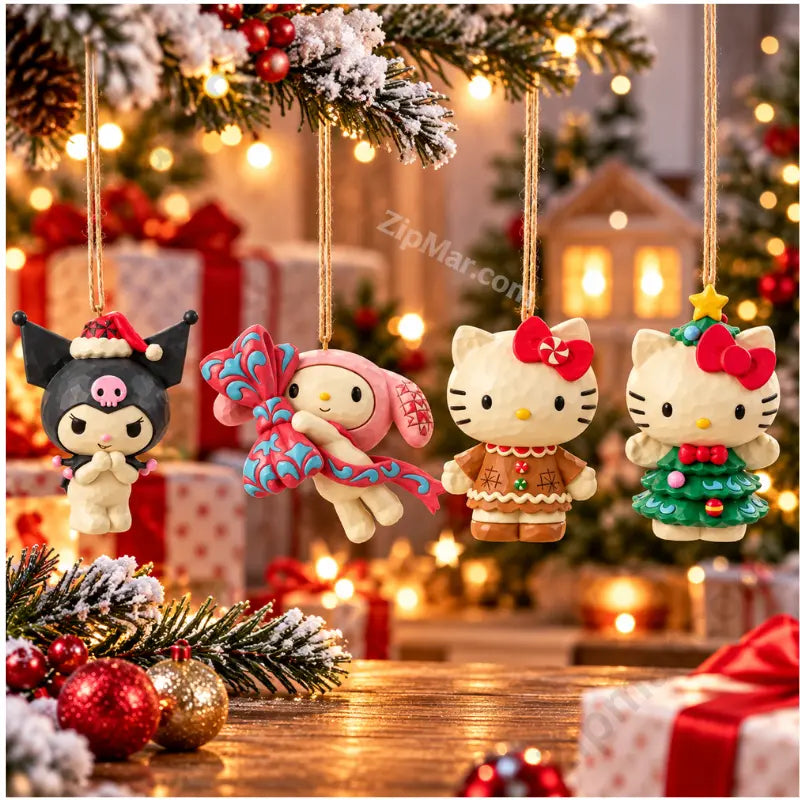 Enesco Hello Kitty and Friends Jim Shore holiday ornament set of 4 hanging on pine branch — Kuromi, My Melody, Hello Kitty Gingerbread, Hello Kitty Christmas Tree