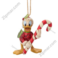 Thumbnail for Enesco Jim Shore Donald Duck holiday ornament — red folk art scroll-motif sweater, holly Santa hat, holding tall striped candy cane