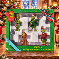 Thumbnail for Enesco Jim Shore Grinch and Max Holiday Ornament Set of 4 in original green gift box packaging — showing all 4 ornaments, Enesco logo, Jim Shore branding