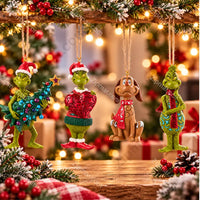 Thumbnail for All 4 Enesco Jim Shore Grinch and Max holiday ornaments hanging together in Christmas scene hero lifestyle image showing complete set of 4