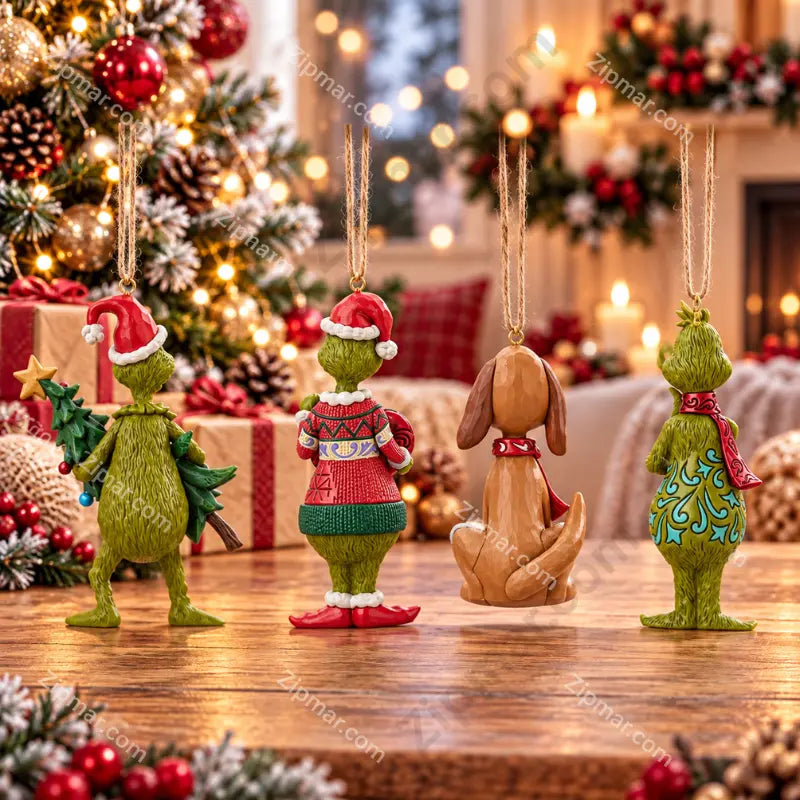 Back view of all 4 Enesco Jim Shore Grinch and Max holiday ornaments showing folk art patterns Grinch stealing tree, Grinch holding heart, Max the dog, Grinch with scarf