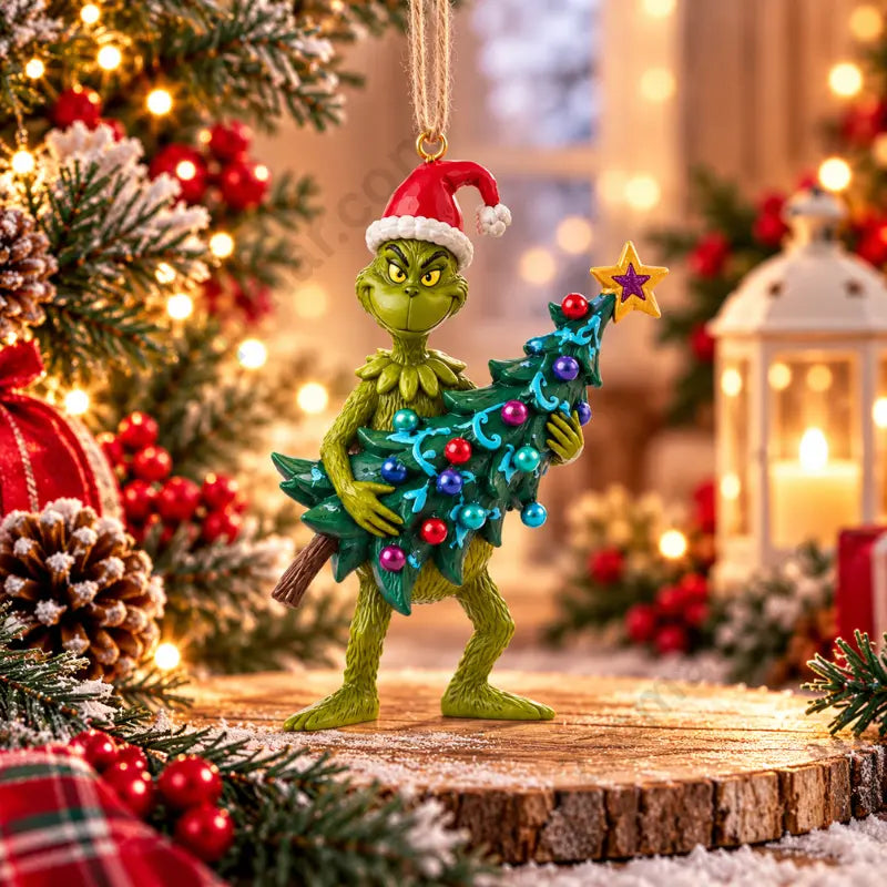 Enesco Jim Shore Grinch stealing Christmas tree ornament lifestyle Grinch in Santa hat leaning forward holding decorated tree with colorful ornament balls and gold star topper