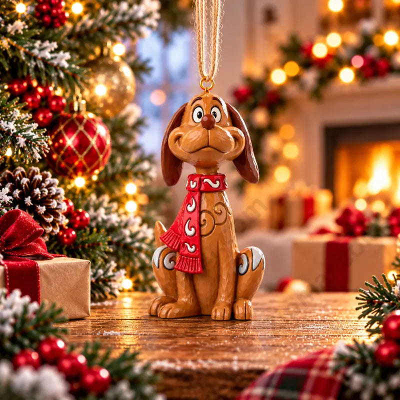 Enesco Jim Shore Max the Dog holiday ornament lifestyle brown dog with red and white folk art scarf, expressive droopy eyes, natural jute cord, Christmas background