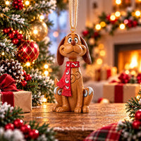 Thumbnail for Enesco Jim Shore Max the Dog holiday ornament lifestyle brown dog with red and white folk art scarf, expressive droopy eyes, natural jute cord, Christmas background