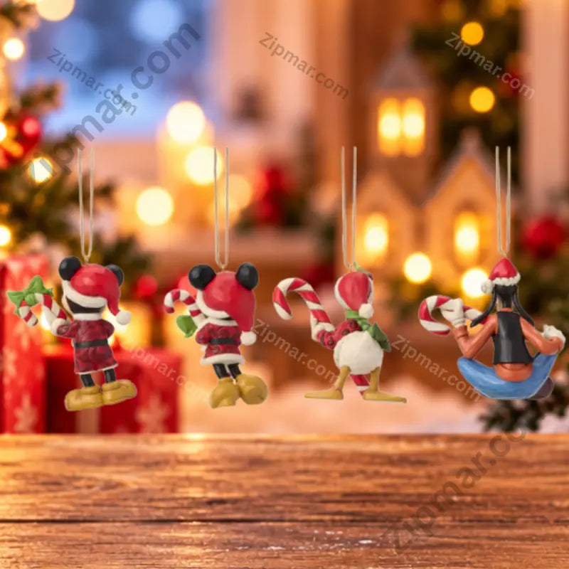 Enesco Disney Traditions Jim Shore Mickey and Friends Holiday Ornament Set of 4 — back view of all four ornaments with Christmas bokeh background