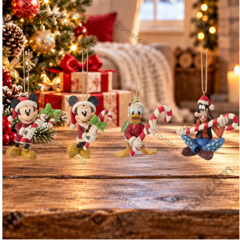 Enesco Disney Traditions Jim Shore Mickey and Friends Holiday Ornament Set of 4 — Mickey, Minnie, Donald Duck and Goofy on rustic wooden table with Christmas tree and gifts