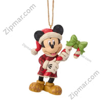 Thumbnail for Enesco Jim Shore Mickey Mouse holiday ornament — red plaid folk art coat, Santa hat, holding candy cane with green holly bow