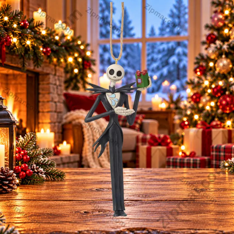 Enesco Jim Shore Jack Skellington ornament from Nightmare Before Christmas — tall skeletal Pumpkin King in black suit holding green Christmas gift, cozy fireplace living room scene