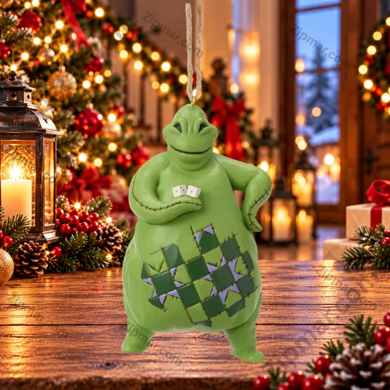 Enesco Jim Shore Oogie Boogie ornament from Nightmare Before Christmas green rounded figure with quilted patchwork diamond belly and dice, Christmas hall background