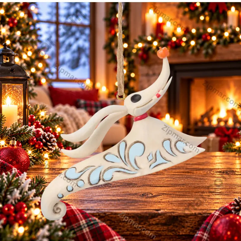 Enesco Jim Shore Zero ghost dog ornament from Nightmare Before Christmas — white with light blue folk art scroll patterns, orange pumpkin nose, red collar and jute twine hanger