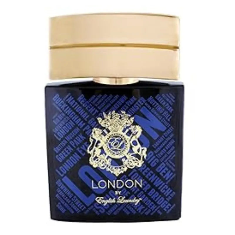 Front view of the English Laundry Arrogant Eau de Toilette 3.4 oz (100 ml) men's cologne bottle with a golden cap and distinct London landmarks pattern.