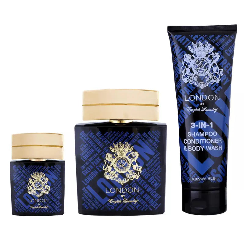 English Laundry Arrogant 3-piece cologne gift set with collector's box, featuring the signature London landmark pattern, a 3.4 oz EDT, 0.3 oz travel spray, and 3-in-1 body wash for men.