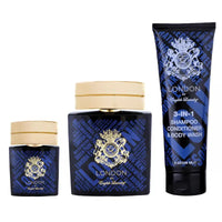 Thumbnail for English Laundry Arrogant 3-piece cologne gift set with collector's box, featuring the signature London landmark pattern, a 3.4 oz EDT, 0.3 oz travel spray, and 3-in-1 body wash for men.