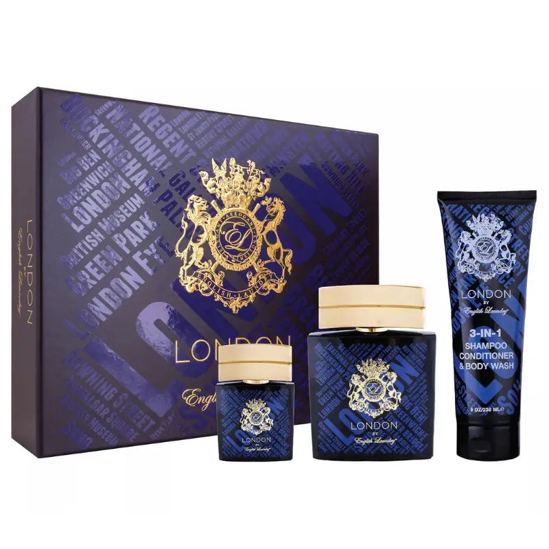 Close-up view of the front of the English Laundry Arrogant gift set collector’s box, featuring the gold crest and embossed London street and landmark pattern.