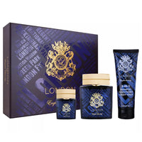 Thumbnail for Close-up view of the front of the English Laundry Arrogant gift set collector’s box, featuring the gold crest and embossed London street and landmark pattern.