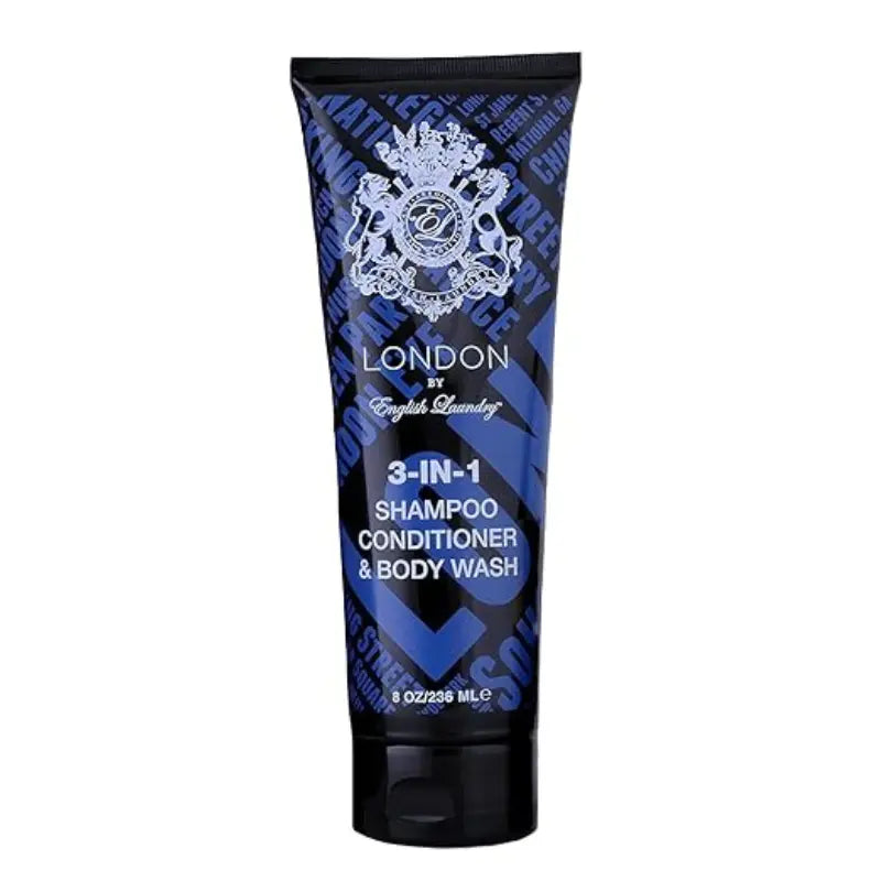 English Laundry Arrogant 3-in-1 shampoo, conditioner, and body wash 3.4 oz (100 ml) tube for men with London-themed graphics.
