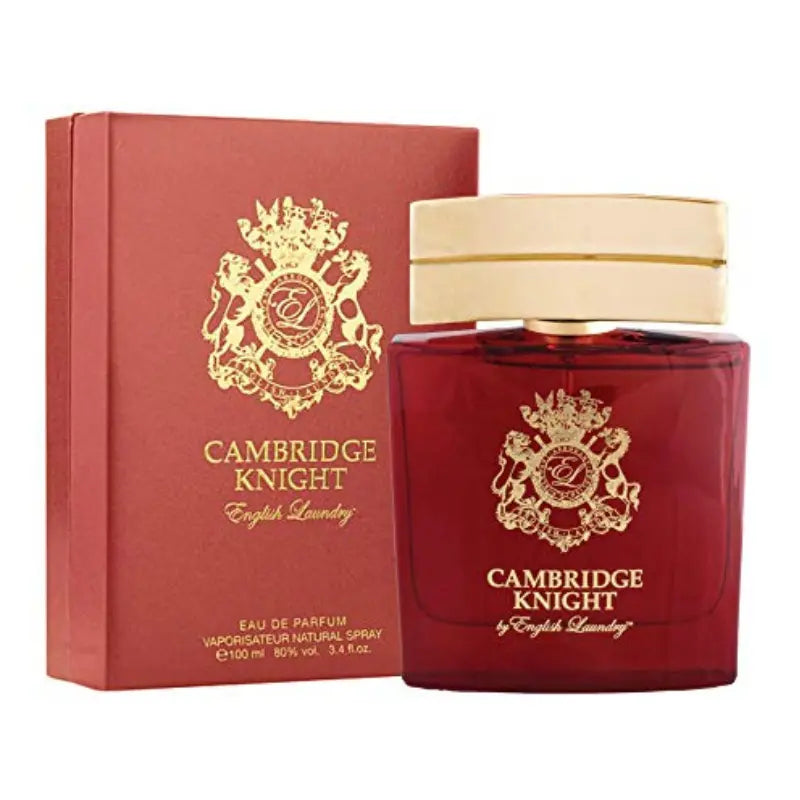 Product photo showing the English Laundry Cambridge Knight Eau de Parfum 3.4 oz men's cologne bottle standing to the right of its matching red cardboard packaging box on a plain white background. The front of both the bottle and the box are visible, featuring the distinct gold crest and brand name 'CAMBRIDGE KNIGHT English Laundry'.
