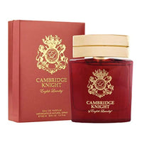Thumbnail for Product photo showing the English Laundry Cambridge Knight Eau de Parfum 3.4 oz men's cologne bottle standing to the right of its matching red cardboard packaging box on a plain white background. The front of both the bottle and the box are visible, featuring the distinct gold crest and brand name 'CAMBRIDGE KNIGHT English Laundry'.