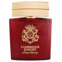 Thumbnail for Front view of the square red glass bottle of English Laundry Cambridge Knight Eau de Parfum for men, 3.4 oz, with a gold cap and a prominent gold crest with 'L' monogram and lion rampant. Text 'CAMBRIDGE KNIGHT by English Laundry' is clearly visible below the crest.