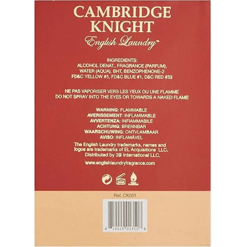 Back view of the rectangular red cardboard box for English Laundry Cambridge Knight Eau de Parfum, displaying the full ingredients list in gold text: 'INGREDIENTS: ALCOHOL DENAT., FRAGRANCE (PARFUM), WATER (AQUA), BHT, BENZOPHENONE-2, FD&C YELLOW #5, FD&C BLUE #1, D&C RED #33'. It also includes warning symbols and text, distributor information (3B International LLC), website