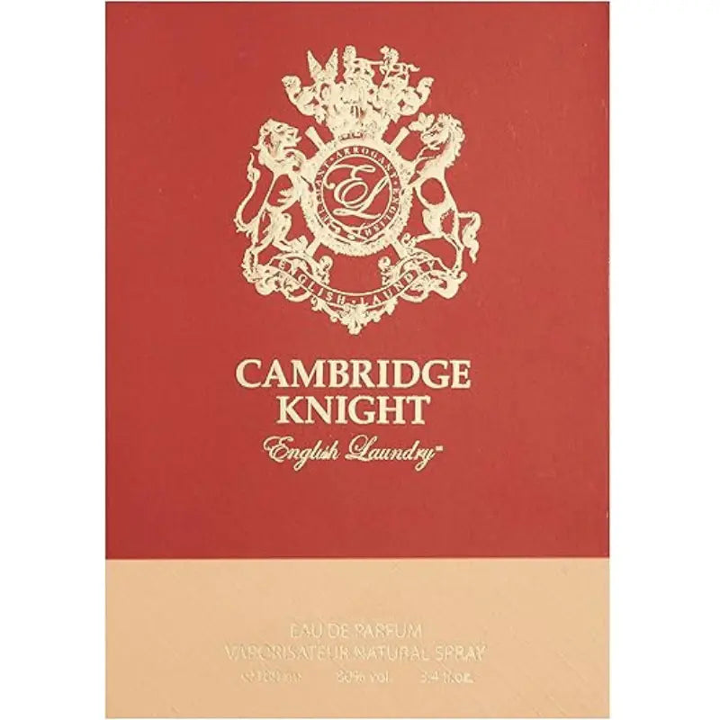 Front view of the rectangular red cardboard box for English Laundry Cambridge Knight Eau de Parfum, showing the gold crest with 'L' monogram and lion rampant at the top center. Below the crest, 'CAMBRIDGE KNIGHT English Laundry' is in gold text, followed by 'EAU DE PARFUM VAPORISATEUR NATURAL SPRAY e100 ml 80% vol. 3.4 fl. oz.' at the bottom. The box has a lighter beige section at the very bottom.