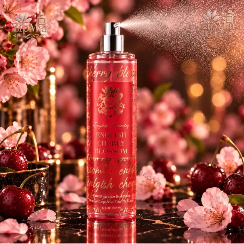 English Laundry English Cherry Blossom Fine Fragrance Body Mist 8 fl oz red bottle spraying with cherry blossoms and gold bokeh