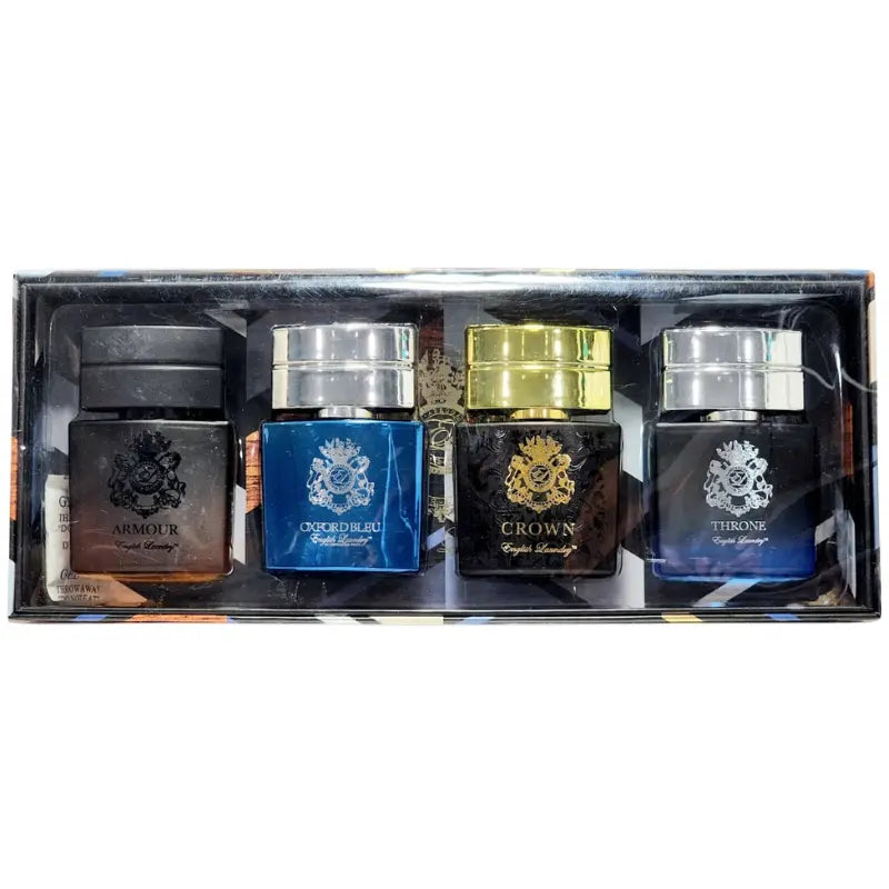 English Laundry Men's Mini Fragrance Gift Set featuring Armour, Oxford Bleu, Crown, and Throne bottles in a box.