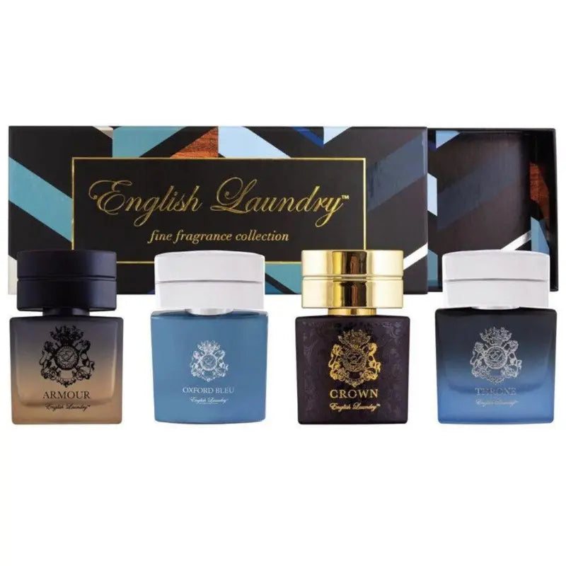 English Laundry Men's Mini Fragrance Set with the four bottles stood in front of the open gift box.