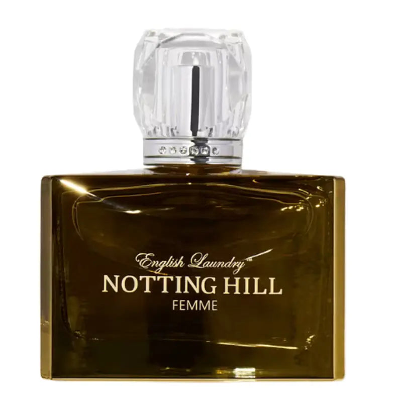 Close-up of the English Laundry Notting Hill Femme 100ml Eau de Parfum gold mirrored bottle showing the fragrance name and crystal-style cap.