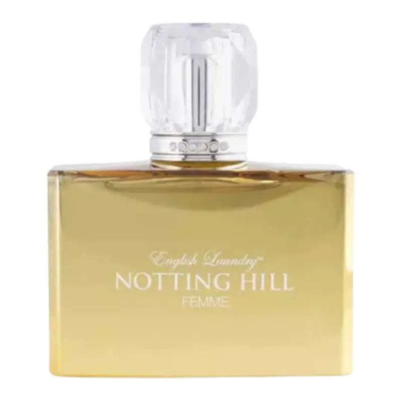 Front view of the gold English Laundry Notting Hill Femme 3.4 oz Eau de Parfum bottle for women with a crystal cap.