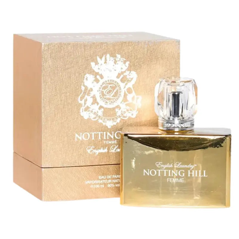 Side-by-side view of English Laundry Notting Hill Femme 3.4 oz EDP women's perfume bottle and the textured gold packaging box with logo.