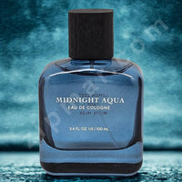 Thumbnail for Perfume bottle labeled 'Midnight Aqua' on a blue textured background