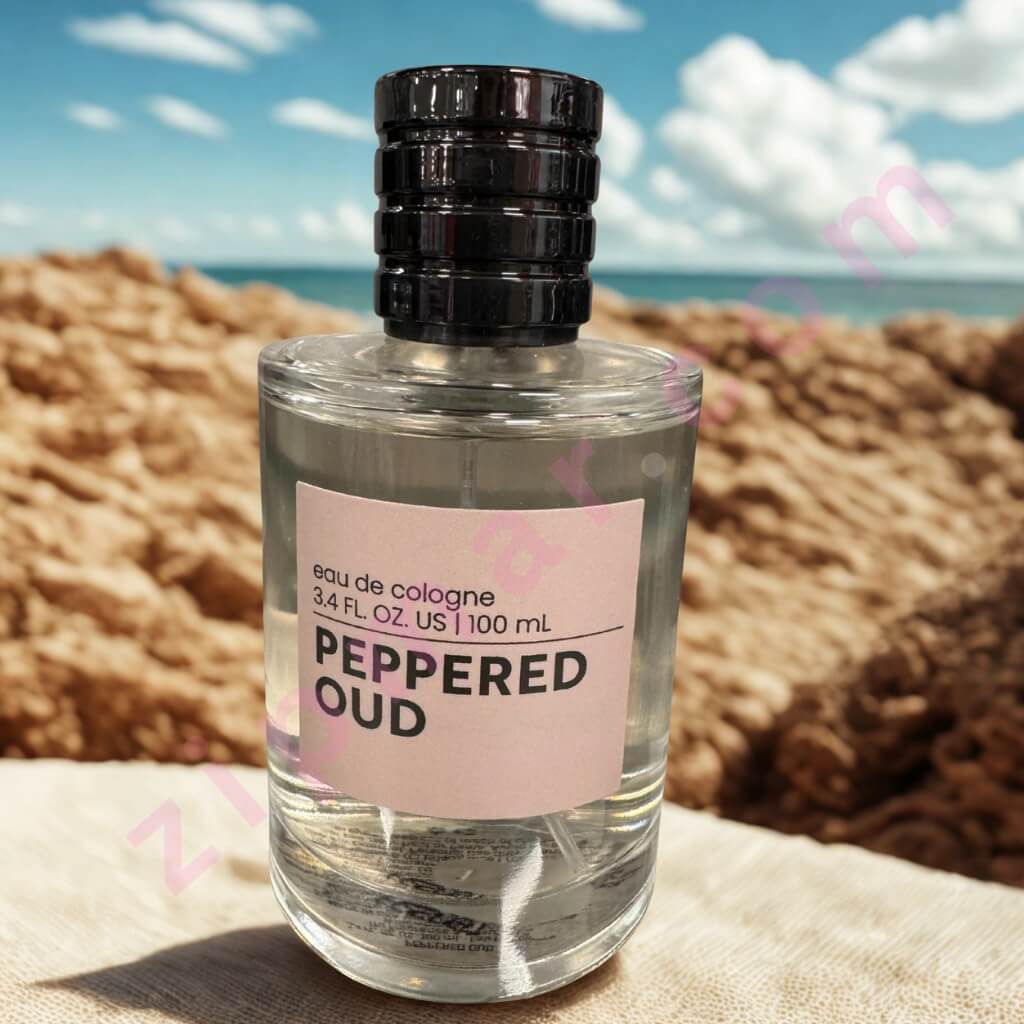 Perfume bottle labeled 'Peppered Oud' on a beach with ocean view